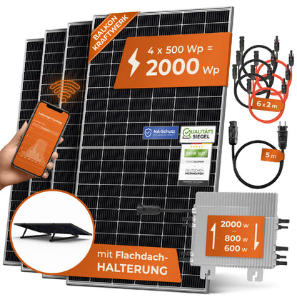 Solarway Balkonkraftwerk 2000W Komplett Steckdose, 4 x 500W JaSolar-Module, 1 x Deye Wechselrichter mit APP&WiFi + Zubehör, Plug&Play