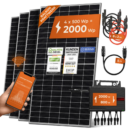 Solarway Balkonkraftwerk 2000W Komplett Steckdose, 4 x 500W JaSolar-Module, 1 x Envertech Wechselrichter mit APP&WiFi + Zubehör, Plug&Play