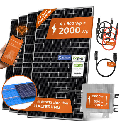 Solarway Balkonkraftwerk 2000W Komplett Steckdose, 4 x 500W JaSolar-Module, 1 x Deye Wechselrichter mit APP&WiFi + Zubehör, Plug&Play