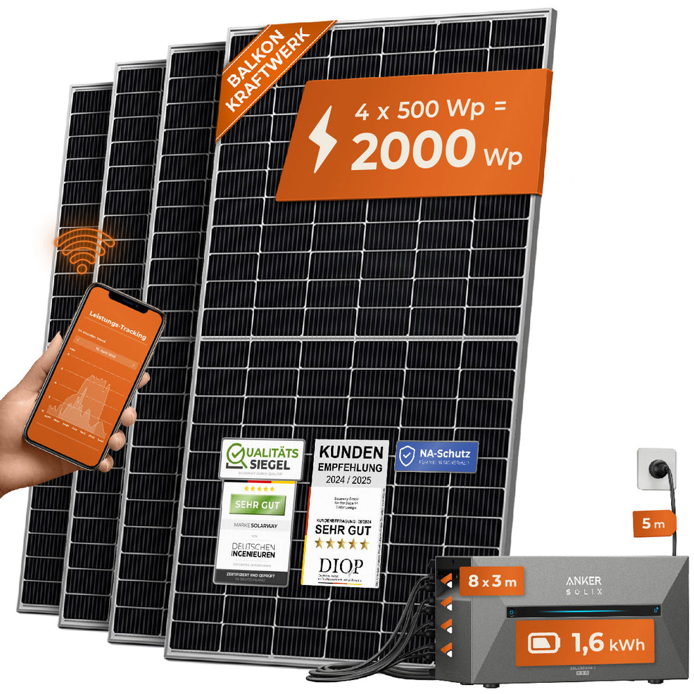 SOLARWAY Balkonkraftwerk 2000 Watt | Anker SOLIX Solarbank 2 E1600 Pro 1,6 kWh Speicher