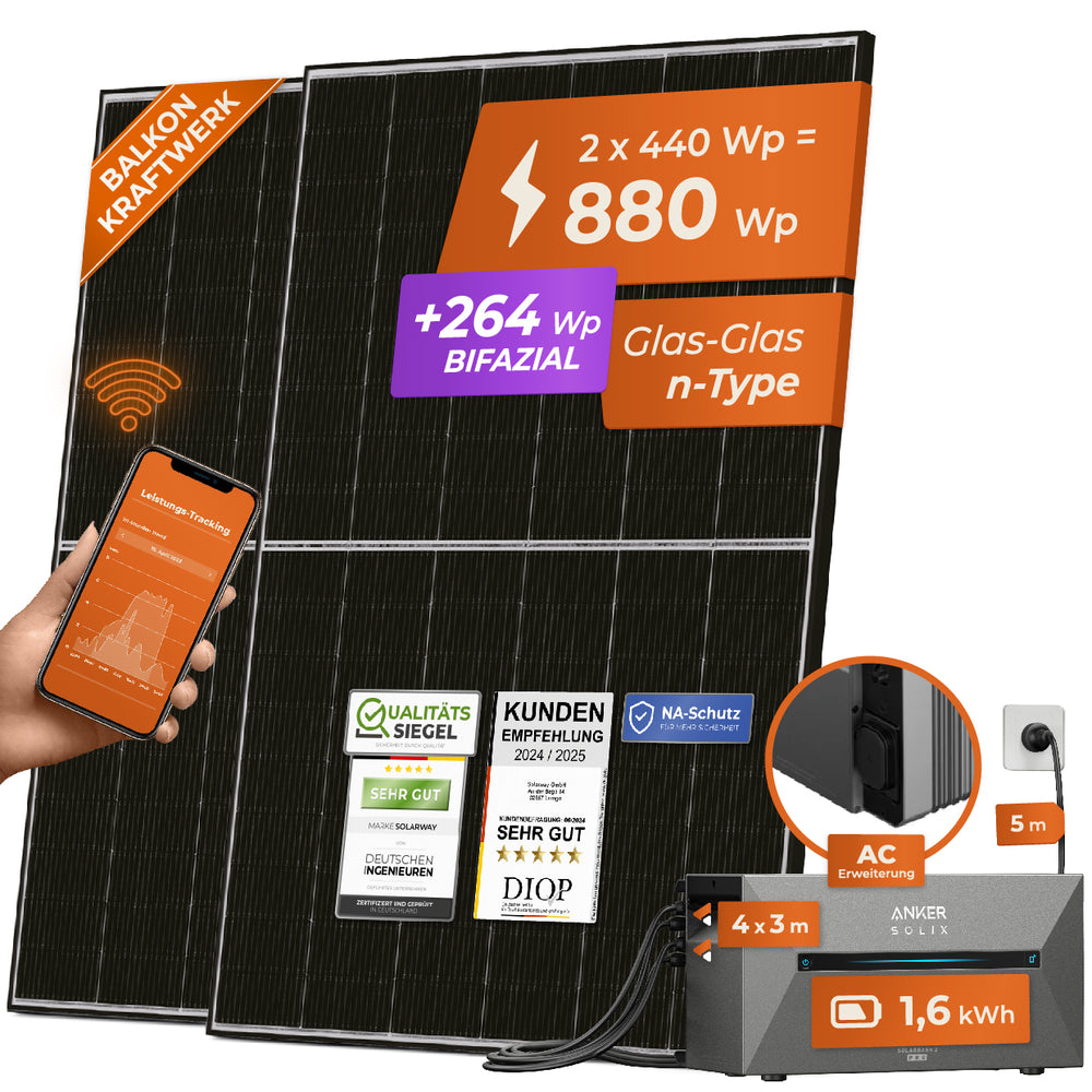 SOLARWAY Balkonkraftwerk Erweiterungsset 880 Watt | Anker SOLIX Solarbank 2 E1600 AC 1,6 kWh Speicher