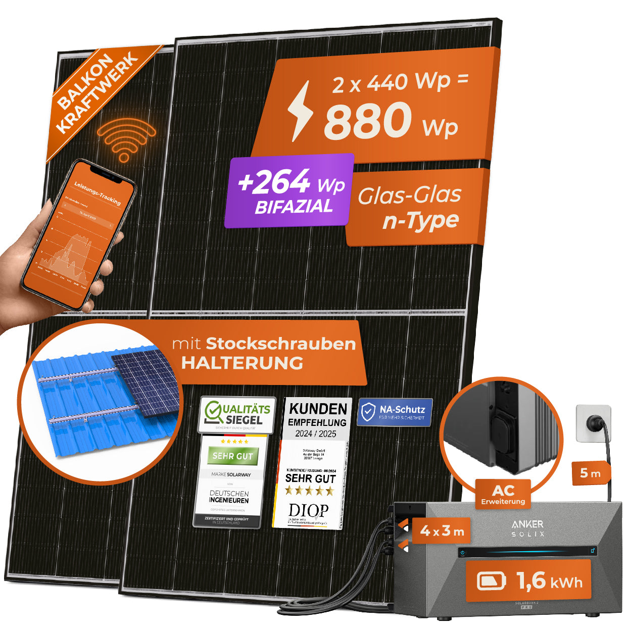 SOLARWAY Balkonkraftwerk Erweiterungsset 880 Watt | Anker SOLIX Solarbank 2 E1600 AC 1,6 kWh Speicher