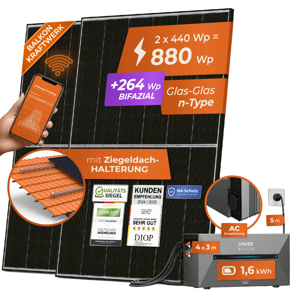 SOLARWAY Balkonkraftwerk Erweiterungsset 880 Watt | Anker SOLIX Solarbank 2 E1600 AC 1,6 kWh Speicher
