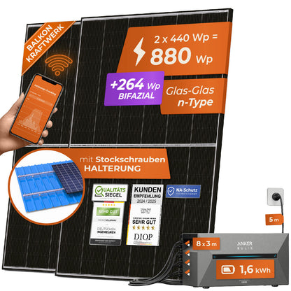 SOLARWAY Balkonkraftwerk 880 Watt | Anker SOLIX Solarbank 2 E1600 Pro 1,6 kWh Speicher