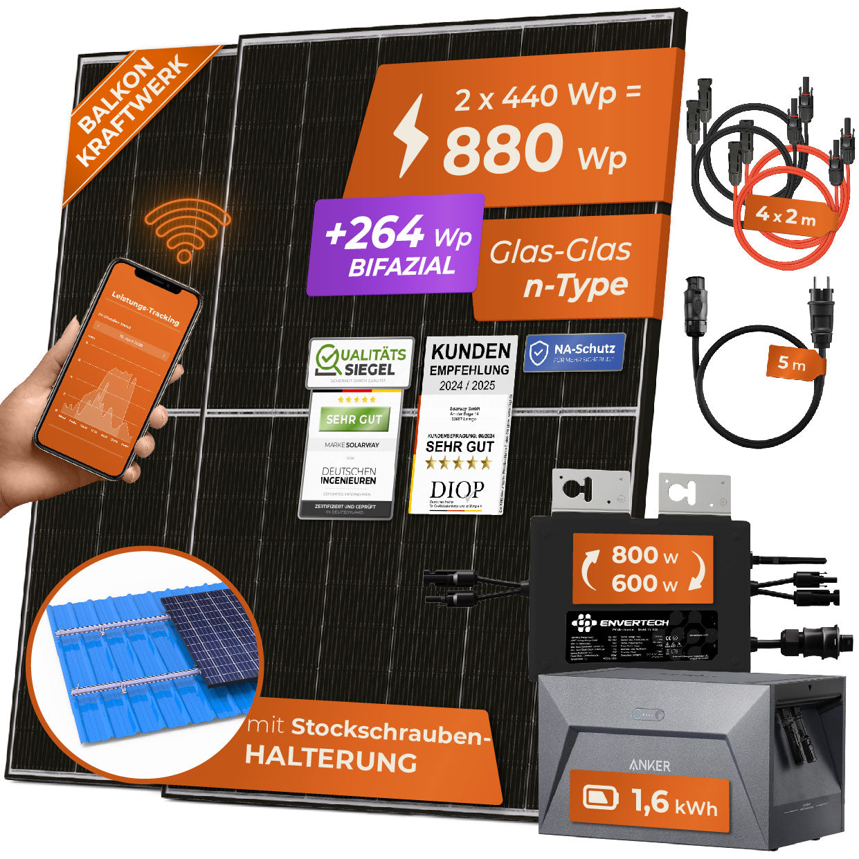 SOLARWAY Balkonkraftwerk 880 Watt | Anker SOLIX Solarbank 1 E1600 1,6 kWh Speicher