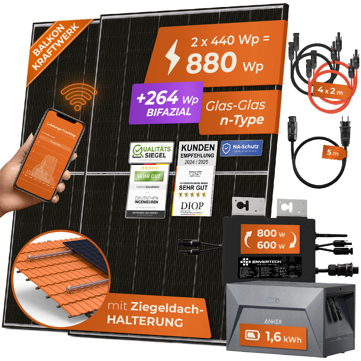 SOLARWAY Balkonkraftwerk 880 Watt | Anker SOLIX Solarbank 1 E1600 1,6 kWh Speicher