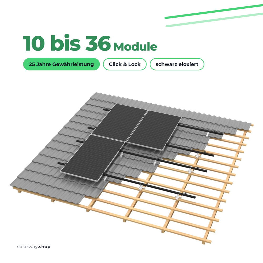 Sets fuer 10 bis 36 Module, 25 Jahre Gewaehrleistung, Click-und-Lock, schwarz eloxiert