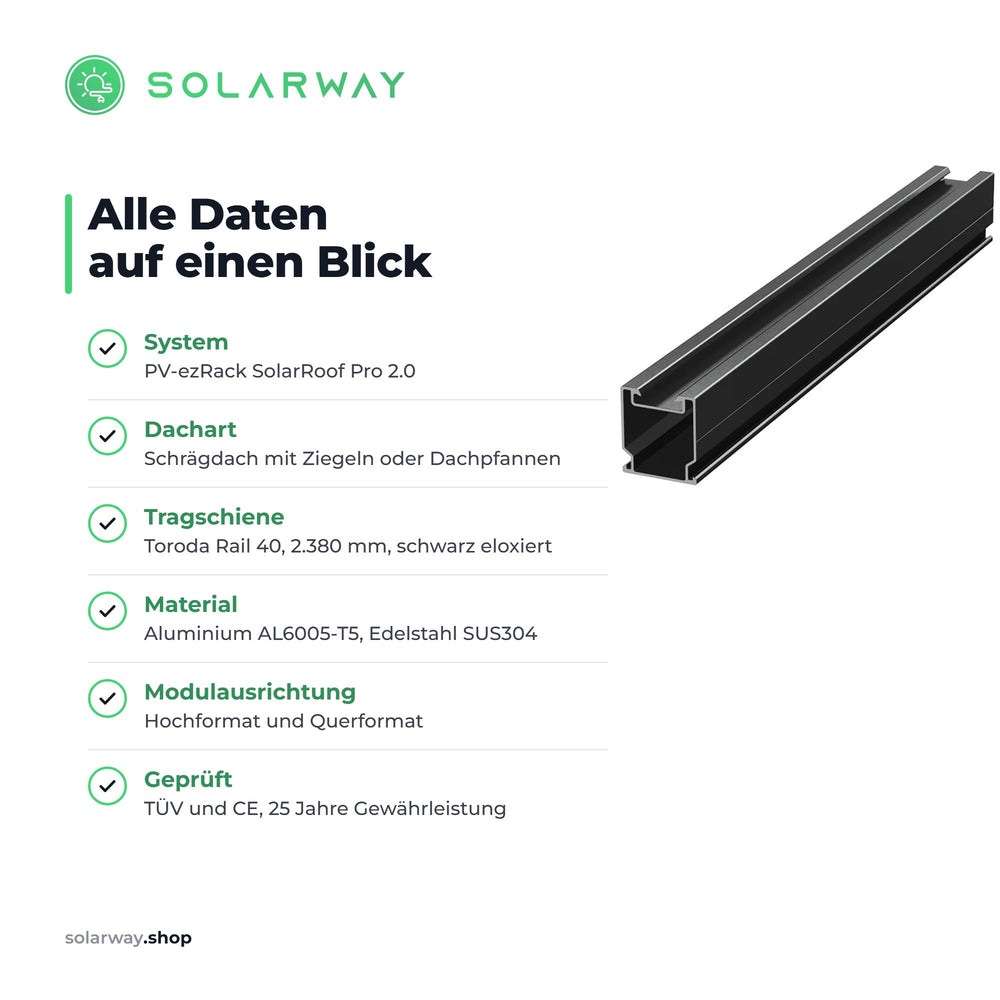 Technische Daten: PV-ezRack SolarRoof Pro 2.0, Schraegdach mit Ziegeln, Toroda Rail 40 mit 2.380 mm, Aluminium AL6005-T5 und Edelstahl SUS304, TUEV und CE