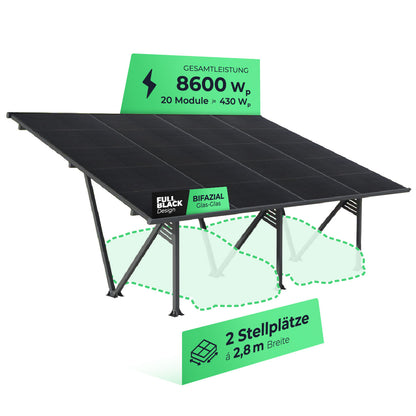 Solar Carport 8600 Watt | 2 Stellplätze | Versiegeltes Dach inkl. Regenrinne