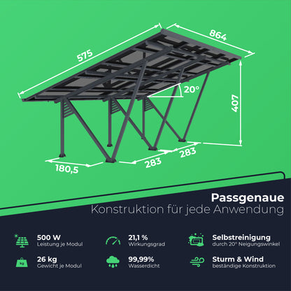 Solar Carport 10000 Watt | 2 Stellplätze | Versiegeltes Dach inkl. Regenrinne