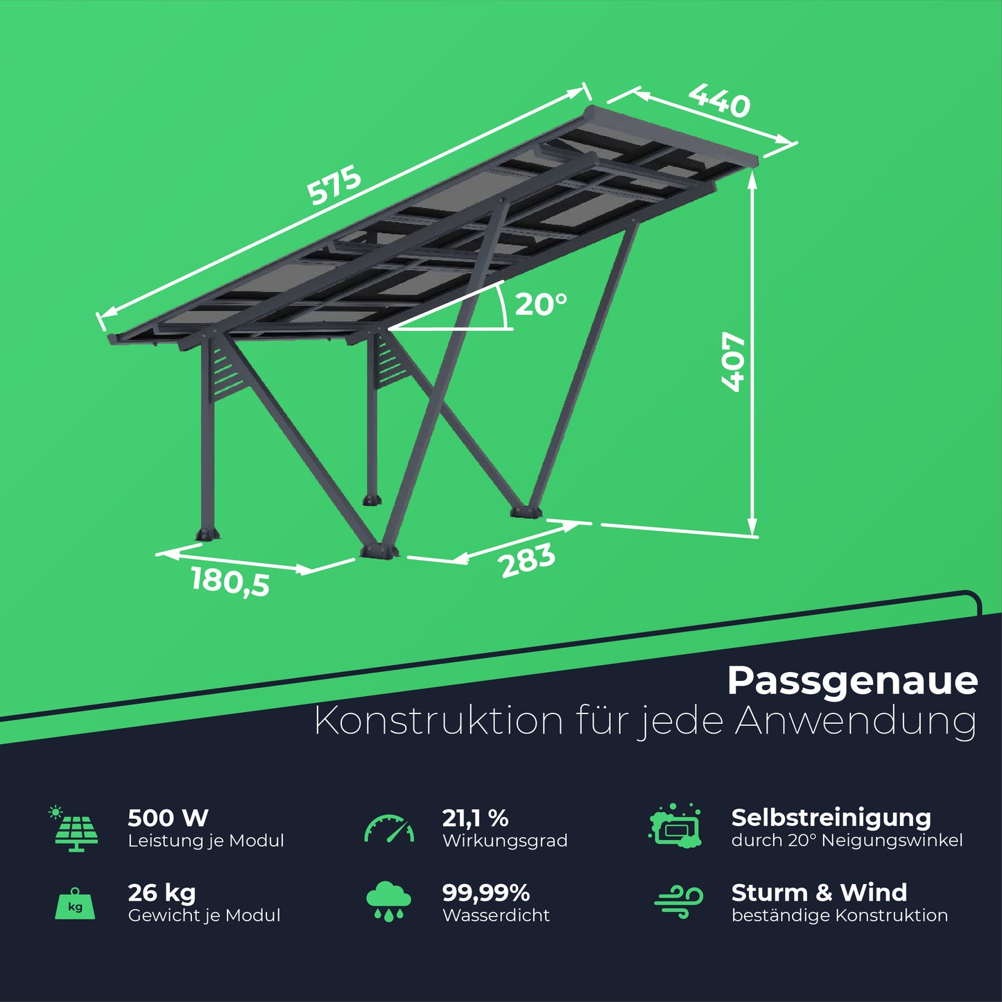 Solar Carport 5000 Watt | 1 Stellplatz | Versiegeltes Dach inkl. Regenrinne