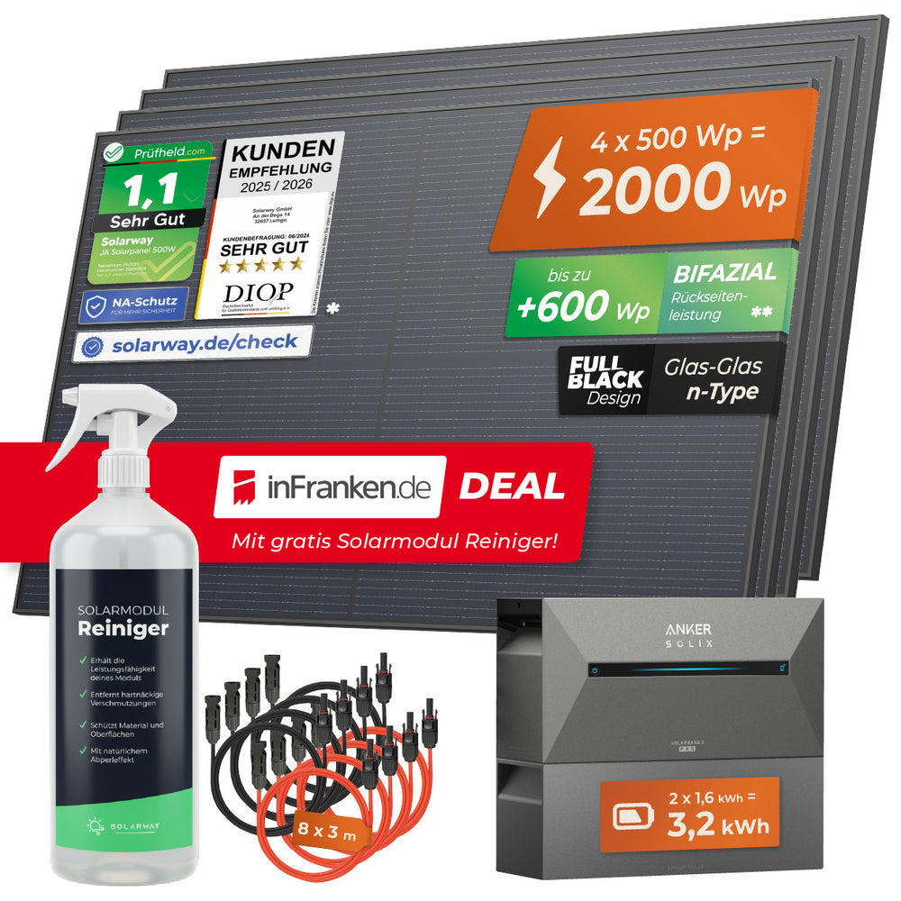 inFranken.de Deal - SOLARWAY Balkonkraftwerk 2000 Watt Pro | Anker SOLIX Solarbank 2 E1600 Pro 3,2 kWh Speicher