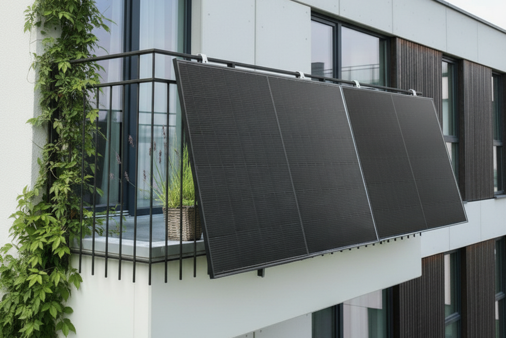 Balkonkraftwerk mit zwei Solarmodulen am Balkongeländer