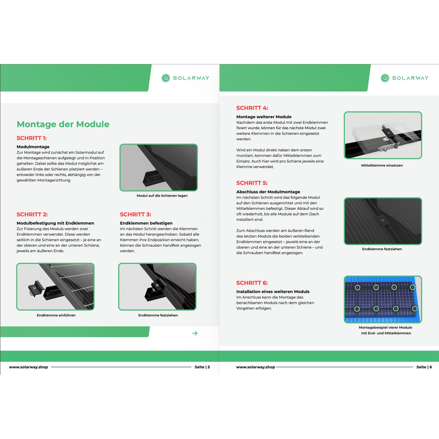 Montageanleitung Stockschrauben, Seite 5 und 6: Montage der Module und weiterer Module