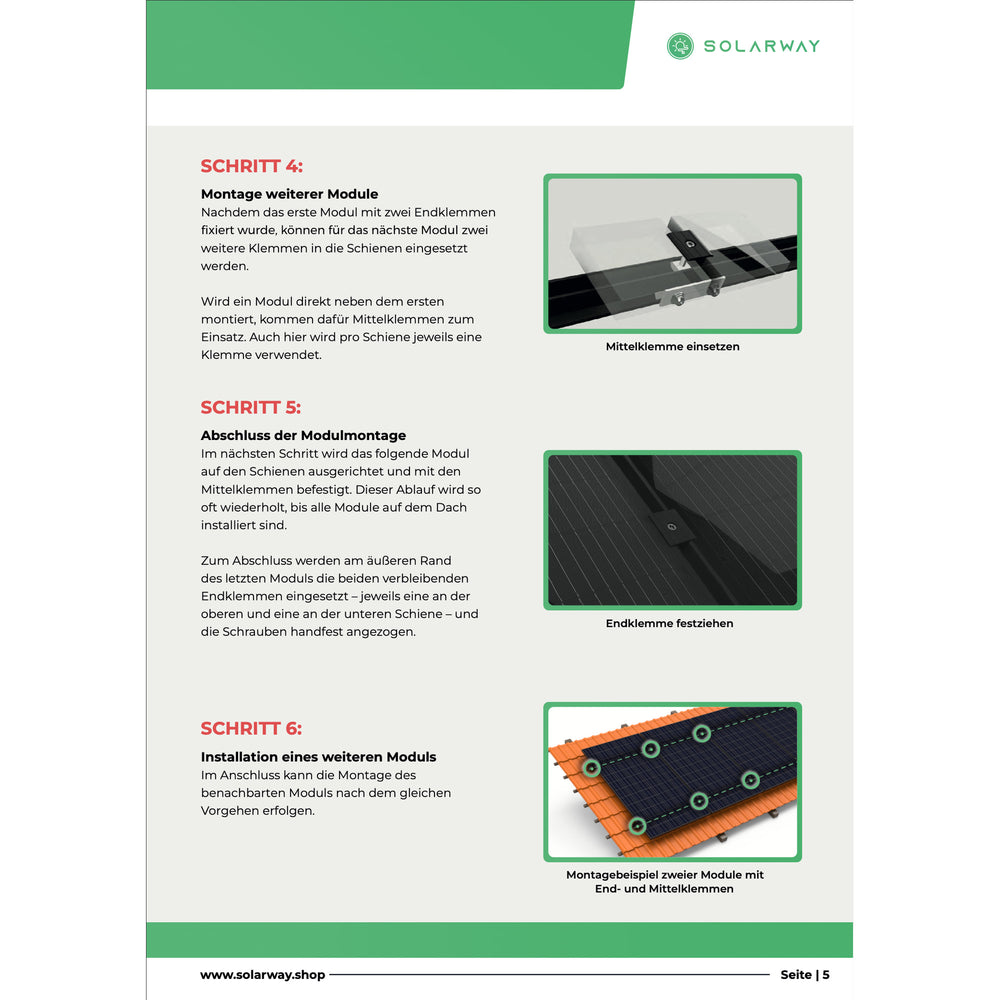 Montageanleitung Ziegeldach, Seite 5: Montage weiterer Module und Abschluss der Modulmontage