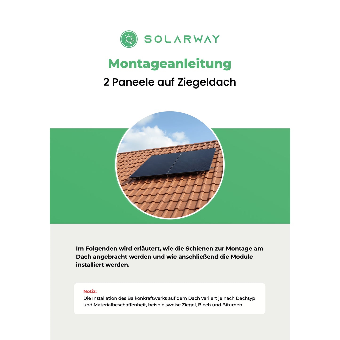 Montageanleitung Solarway Ziegeldach-Montageset – Titelseite: 2 Paneele auf Ziegeldach