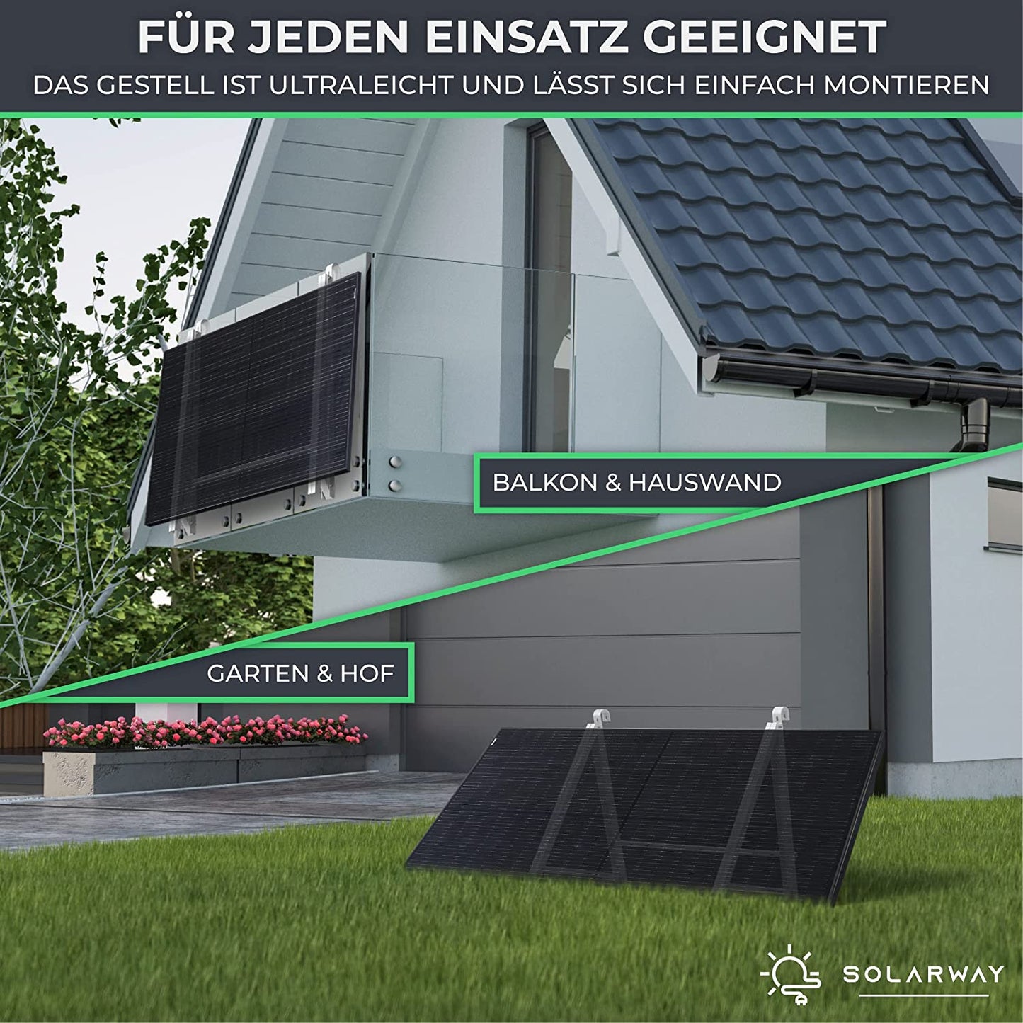Montagepaket Balkonkraftwerk Halterung für 1 Modul | Balkon, Flachdach/Boden oder Wand | geeignet für alle gängigen Solarmodule